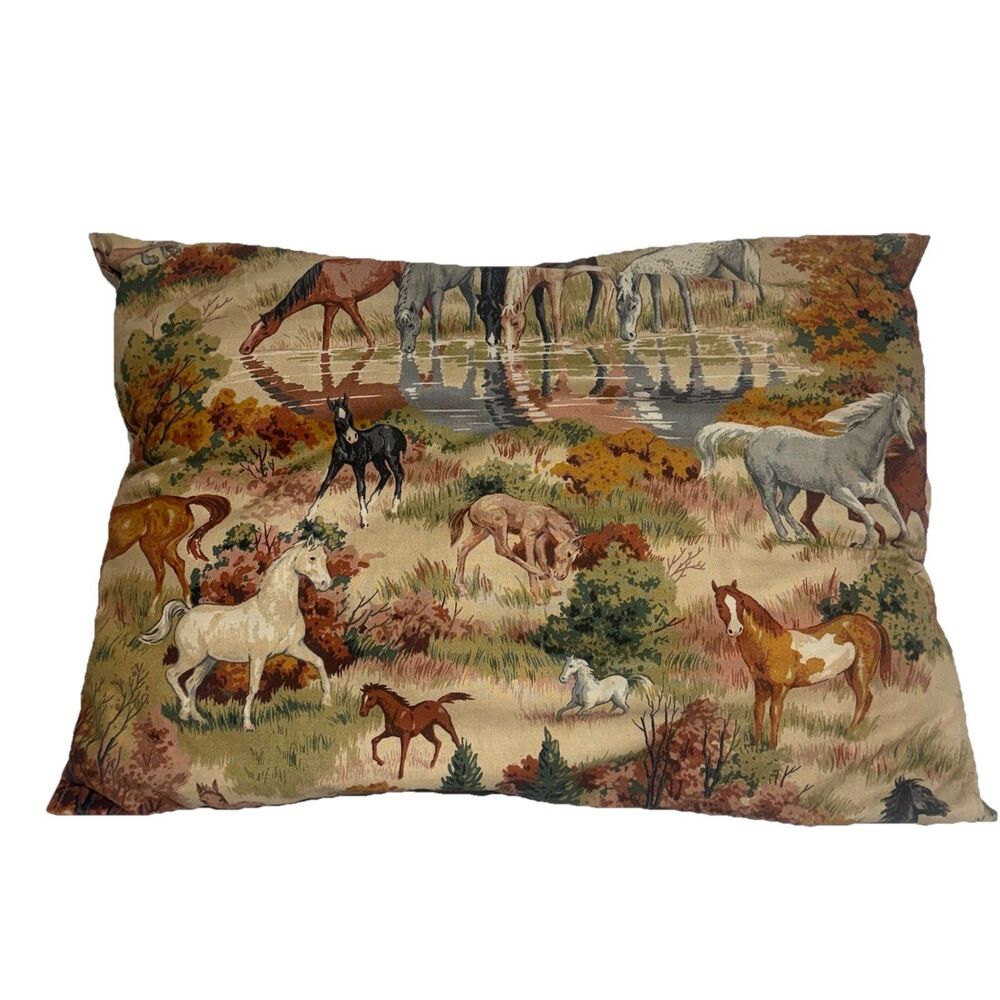 Vintage Horse Pasture Pond Fabric Handmade Pillow 21”x15” Cabin Equestrian
